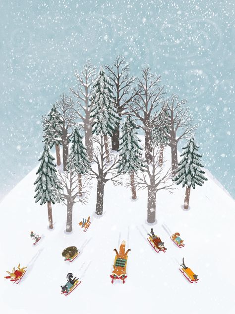 Charming illustration of animals sledding down a snowy hill. Sledding Illustration, Snowfall Illustration, Sledding Party, Illustration Of Animals, Winter Sleds, Sledding Hill, Christmas Sketch, Snow Illustration, It’s A Wonderful Life