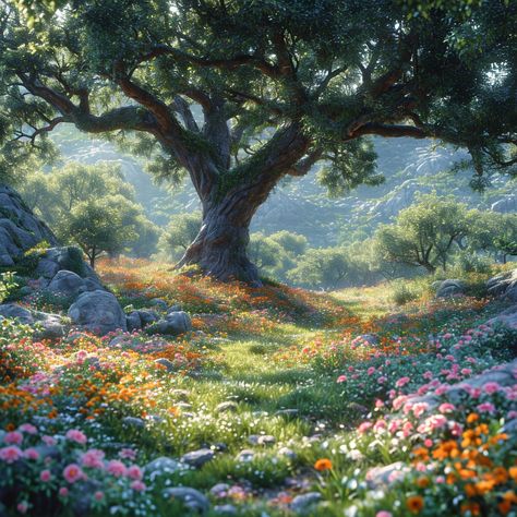 The majestic tree rises among an ocean of blooms under the gentle morning sun, a symbol of life's renewal. #naturebeauty, #treeoflife, #morningdew, #flowermeadow, #peacefulnature, #artofnature, #wildflowers, #dawnlight, #naturalwonder Majestic Tree, Morning Dew, Life Symbol, Secret Places, Morning Sun, A Symbol, Natural Wonders, Nature Beauty, Tree Of Life