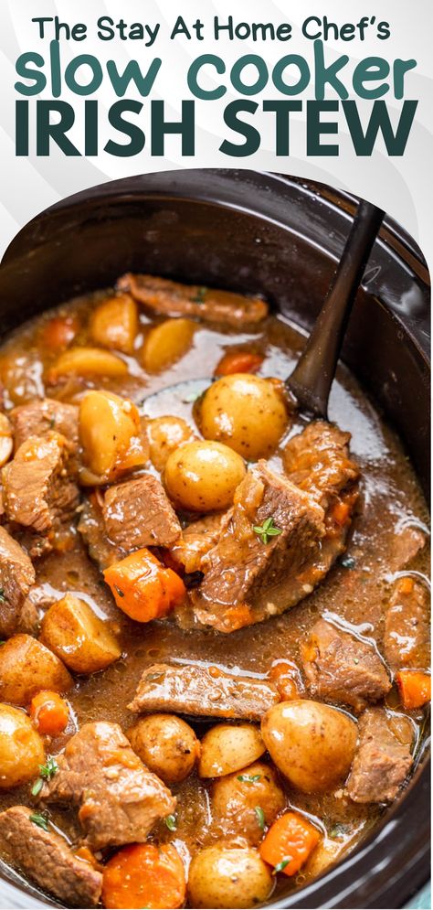 Overhead view of a crockpot full of Irish stew. Irish Stew Recipe Crock Pots, Crockpot Stews, Irish Crockpot Recipes, Irish Stew Crockpot, Irish Beef Stew Crockpot, Slow Cooker Irish Beef Stew, Irish Stew Recipe, Irish Recipes Authentic, Lamb Stew Recipes