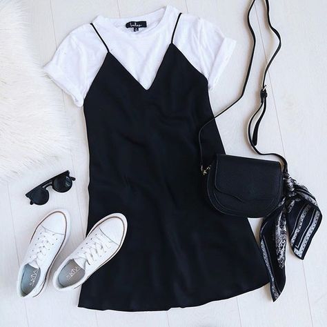 dress down your slip dress by layering up with a little white tee & sneakers ✨ | shop the look via the link in our bio #lovelulus Black Satin Slip Dress, 여름 스타일, Fashion Nova Outfits, 90s Outfit, Stil Inspiration, Ținută Casual, Sochi, 여자 패션, Mode Style