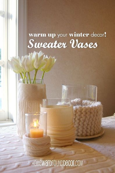 Sweater Crafts, Glass Candles, Glass Cylinder Vases, Recycled Sweaters, Paper Vase, Wooden Vase, Vase Arrangements, Crafty Creations, Wall Vase