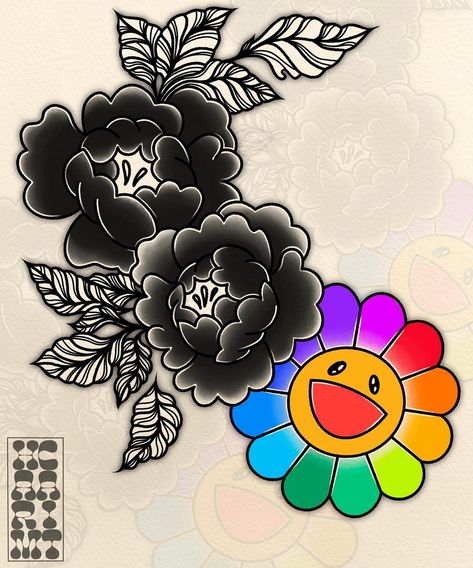 Murakami Flower Tattoo, Murakami Tattoo, Flower Tattoo Stencil, Flower Tattoo Stencils, Murakami Flower, Alien Tattoo, Dope Tattoos For Women, Tattoo Stencil, Cartoon Tattoos