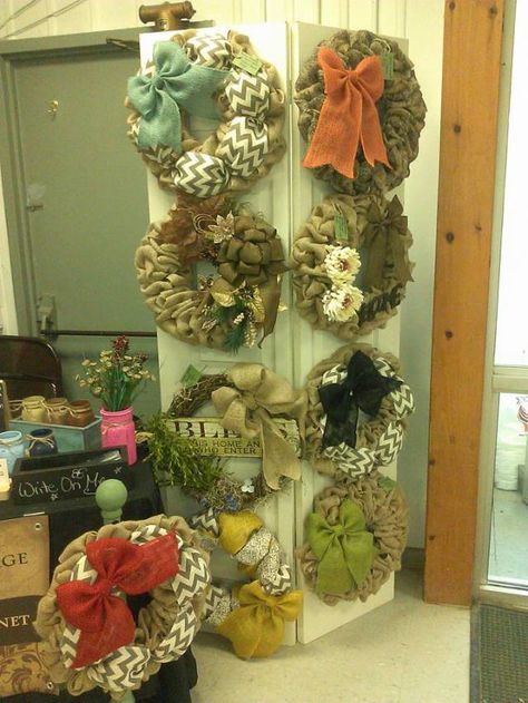 Burlap Wreath Craft Fair Displays. Mason Jar craft fair display. Bridge Creek Cottage Displaying Wreaths At Craft Show Booth Ideas, Wreath Craft Fair Display, Craft Fair Displays For Wreaths, Craft Show Wreath Display, Diy Wreath Display Stand, Displaying Wreaths At Craft Show, Craft Fair Wreath Display Ideas, Display Wreaths At Craft Show, Craft Show Wreath Display Ideas