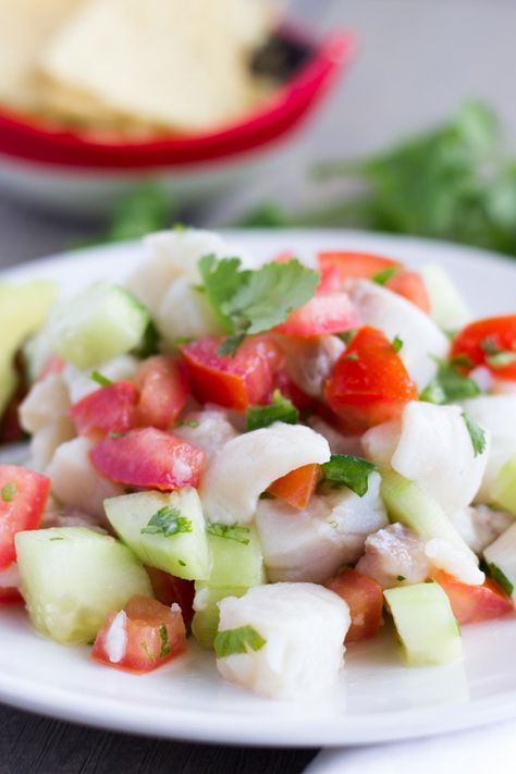 Ceviche de Pescado- Mexican Fish Ceviche Fish Ceviche, Mexican Fish, Fresh Appetizers, Cucumber Onion, No Cook Appetizers, Ceviche Recipe, Party Dips, White Fish, Chopped Tomatoes