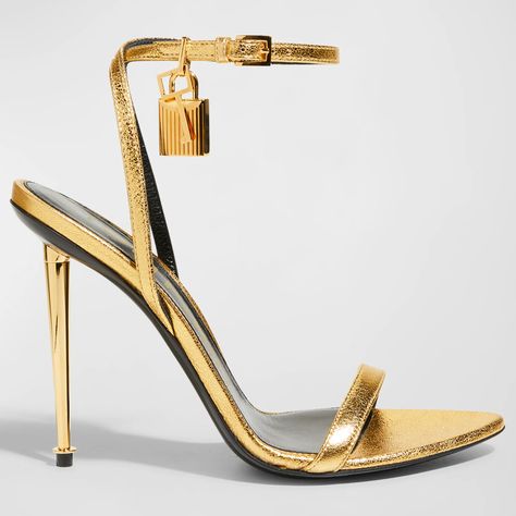 ​​Tom Ford Lock Metallic Stiletto Sandals in Gold as seen on Meghan Markle, Duchess of Sussex Tom Ford Heels, Gold Stiletto Heels, Tom Ford Brand, Celebrity Closets, Tom Ford Shoes, Very High Heels, Harvard Law, Law Student, Stiletto Sandals