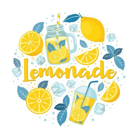 Vector refreshing lemonade set of elemen... | Premium Vector #Freepik #vector #lemon-mint #lemon-drink #lemon #lemonade Lemon Leaves, Lemon Lemonade, Lemonade Stand, Ice Cubes, A Circle, Ice Cube, Lemonade, Premium Vector, Lemon