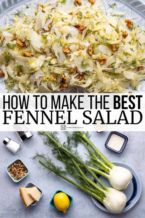 Fennel salad recipe with thinly sliced raw fennel, salty parmesan, and crunchy toasted walnuts. An elegant and delicious dinner party salad recipe! Raw Fennel Recipes, Dinner Party Salad Recipes, Roasted Fennel Salad, Dinner Party Salad, Party Salad, Fennel And Orange Salad, Fennel Recipes, The Mediterranean Dish, Roasted Fennel