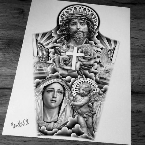 Religious Drawings, Religious Tattoo Design, Jesus Tattoo Sleeve, Religious Tattoo Sleeves, Religous Tattoo, Angel Sleeve Tattoo, Religion Tattoos, Jesus Tattoo Design, Tato Salib