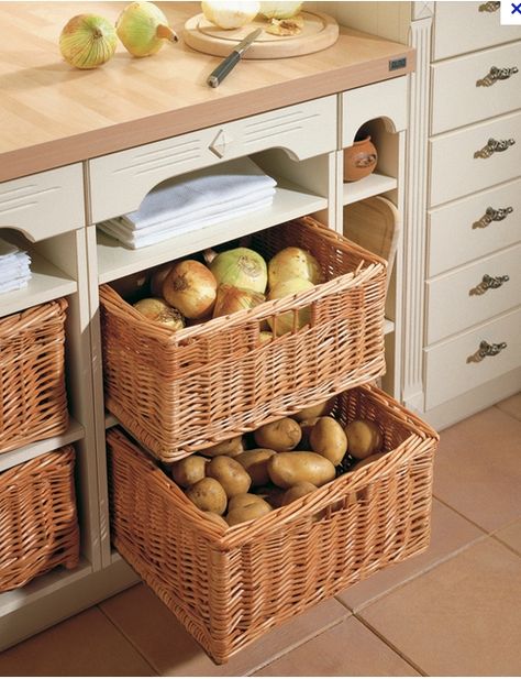 basket drawers; love this idea! - AM Veggie Storage, Laundry Storage Solutions, Basket Drawers, Kitchen Basket Storage, Firewood Storage, Kitchen Baskets, Vegetable Storage, Kitchen Drawer, Laundry Room Storage