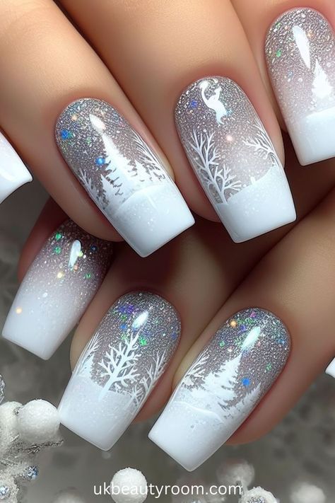 Best Christmas Nail Designs, Elegant Snowflake Nails, Christmas Nail 2024, Christmas Finger Nail Designs, Elegant Christmas Nails Classy Sparkle, Glamorous Christmas Nails, White Snowy Nails, Christmas Nails Silver, Holiday Nails Designs