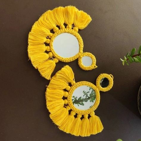 Handmade Mirror Earrings, Mirror Earrings Handmade, Garba Jewellery, Mirror Tassels, Crochet Mirror, Diy Bangles, Cloth Jewellery, Navratri Jewellery, Mirror Earrings