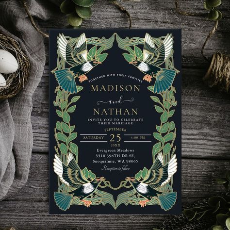 Elegant and modern wedding design inspired by the Art Nouveau art style. This design features a frame of four magpie birds with green vines and leaves. Design is not real foil. You can customize this further by clicking on the "PERSONALIZE" button.  Matching Items in our shop for a complete party theme. Art Nouveau Wedding Invitation, Fantasy Ball, Magpie Art, Gothic Wedding Theme, Art Nouveau Wedding, Modern Wedding Design, Nouveau Wedding, Art Nouveau Weddings, Ball Aesthetic