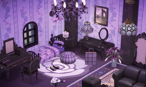 Goth Wallpaper Animal Crossing, Acnh Purple Room, Goth Bedroom Animal Crossing, Acnh Gothic Bedroom, Muffy Animal Crossing House, Acnh Goth Bedroom, Acnh Gothic Room Ideas, Acnh Goth House Interior, Animal Crossing Island Inspiration Goth