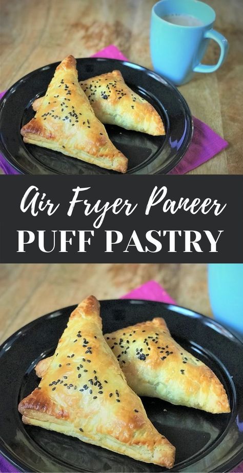 Paneer Puff Pastry Turnovers with a flaky golden crust with spicy flavorful paneer filling. Perfect appetizer for a party that can be prepared ahead of time. So easy and delicious! Air fryer recipes | Side dish | Indian recipes | pipingpotcurry.com Paneer Puff, Puff Pastry Turnovers, Pastry Turnovers, Airfryer Recipe, Indian Appetizers, Healthy Indian Recipes, Air Fryer Oven, Air Fryer Oven Recipes, Puff Pastry Recipes