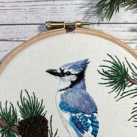 Carley | Hand Embroidery on Instagram: "My latest commission, a clever Blue Jay. This honestly might be my favourite bird to have stitched yet, I just LOVE working with so many blues. ❤️ I’m definitely thinking of doing more of this style in the coming days. What thread-painted animals would you like to see?! Swipe ➡️ for details!" Blue Jay Embroidery, Blue Bird Embroidery, Bluebird Embroidery, Kingfisher Embroidery, Kingfisher Embroidery Pattern, Needle Felted Blue Jay, Crazy Quilts Patterns, Bird Embroidery, Blue Embroidery