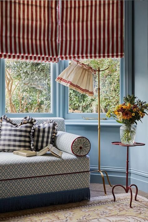 Red Interior Design, Sitting Room Decor, Instagram Pattern, Cosy Cottage, English Interior, Striped Curtains, Pierre Jeanneret, Red Interior, Residential Interior Design