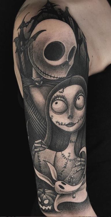 100+ Unique Jack and Sally Tattoos (The Nightmare Before Christmas) - Tattoo Me Now Nightmare Before Christmas Tattoo Leg, Disney Tattoos Nightmare Before Christmas, Jack And Sally Sleeve Tattoo, Jack And Sally Tattoo Stencil, Sally Nightmare Before Christmas Tattoo Ideas, Jack And Sally Tattoo Design, Night Mare Before Christmas Tattoos, The Nightmare Before Christmas Tattoos, Jack Skellington And Sally Tattoo