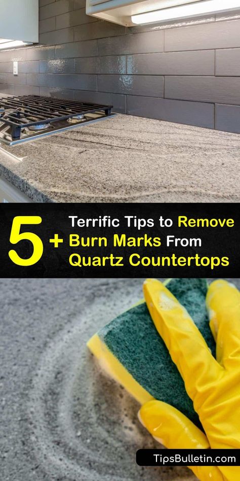 Whether you have a granite, marble, laminate countertop, stone countertop, or quartz countertop, it’s vital to know how to clean your solid surface kitchen counter. Erase a stain from quartz or granite counters using effective home remedies. #burn #marks #quartz #countertops #remove Marble Laminate Countertop, Countertop Stone, Marble Laminate, Laminate Countertop, Diy Household Cleaners, Slide In Range, Baking Soda Vinegar, Formica Countertops, Stone Countertop