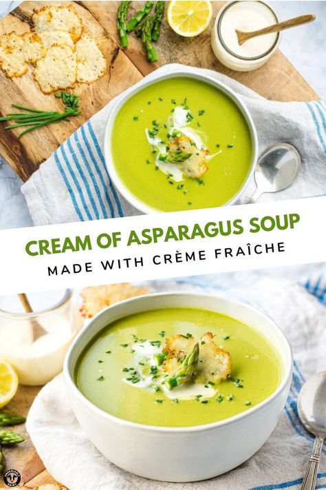 Cream Of Asparagus, Cream Of Asparagus Soup, Creamed Asparagus, Parmesan Crisps, Asparagus Soup, Easy Cream, Cream Soup, Asparagus Recipe, Bowl Of Soup