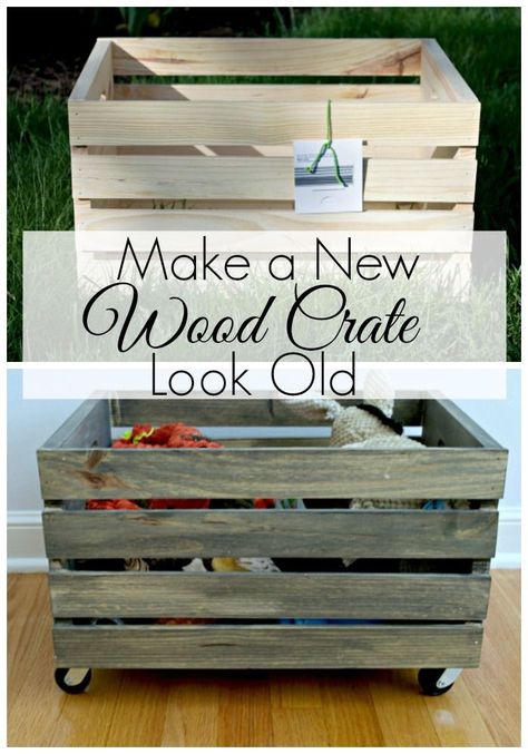 Make a New Wood Crate Look Old | http://chatfieldcourt.com Old Wood Crate Ideas, Crate Crafts, Pallet Crates, Crate Ideas, Basket And Crate, Crate Furniture, Diy Holz, Décor Boho, Wood Crates