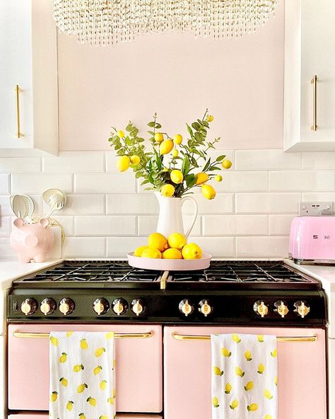 Lemon Interior Design, Pink And Yellow Kitchen Decor, Yellow Pastel Kitchen, Lemon Theme Kitchen, Kitchen Lemon Theme, Lemon Themed Kitchen, Pink Lemonade Kitchen Decor, Girly Kitchen, Kids Bedroom Themes