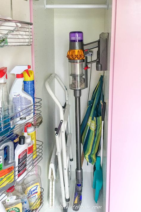 Dyson Stick Vacuum Storage Ideas, Ideas For A Small Kitchen, Broom Cabinet, Broom Cupboard, Cabinet Organization Ideas, Pantry Closet Design, Kitchen Cabinet Organization Ideas, Utility Closet, House To Home