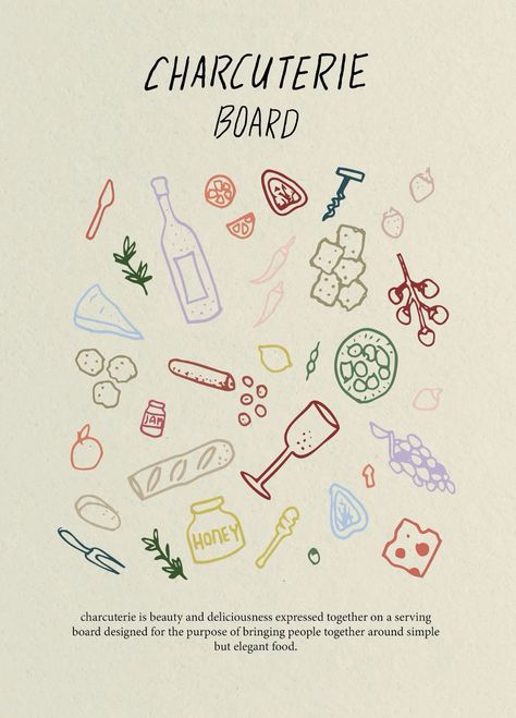 ✏️ #Branding #typography #icon Food Doodles Aesthetic, Food Drawings Aesthetic, Charcuterie Drawing, Charcuterie Board Drawing, Charcuterie Illustration, Charcuterie Branding, Dinner Doodle, Food Line Drawing, Menu Poster Design