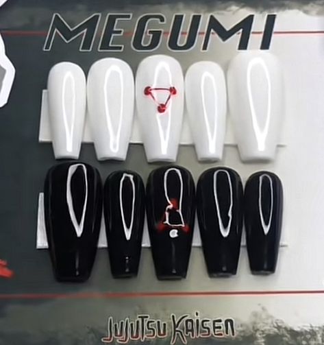 Anime Nail Inspo Simple, Megumi Nails Jjk, Gojo Themed Nails, Cute Anime Nail Designs, Jjk Themed Nails, Jjk Nails Designs Gojo, Anime Theme Nails, Anime Short Nails, Black Anime Nails