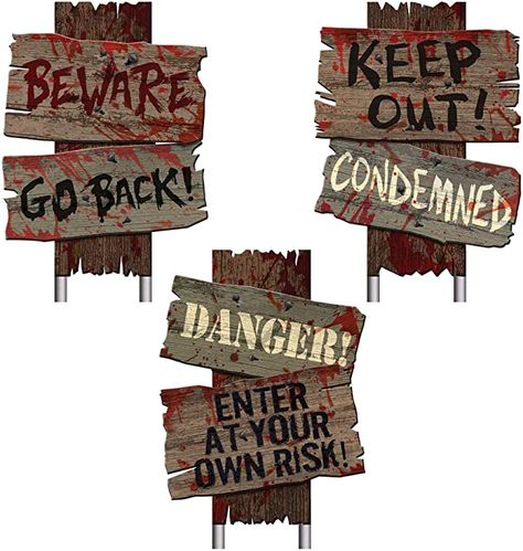 Amazon.com: Beware Signs Yard Stakes, 3 Ct., Brown, 12" x 9" : Patio, Lawn & Garden Creepy Cemetery, Cemetery Halloween, Halloween Lawn Decorations, Beware Sign, Halloween Outdoor Decoration, Halloween Lawn, Danger Signs, Halloween Tombstones, Halloween Garden