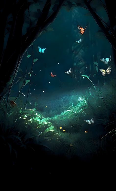 Fireflies Wallpaper, Magical Forest Aesthetic, Witch Inspiration, Glowing Butterflies, Magical Background, Night Landscape Photography, Forest Magic, Glowing Background, Dream Motivation