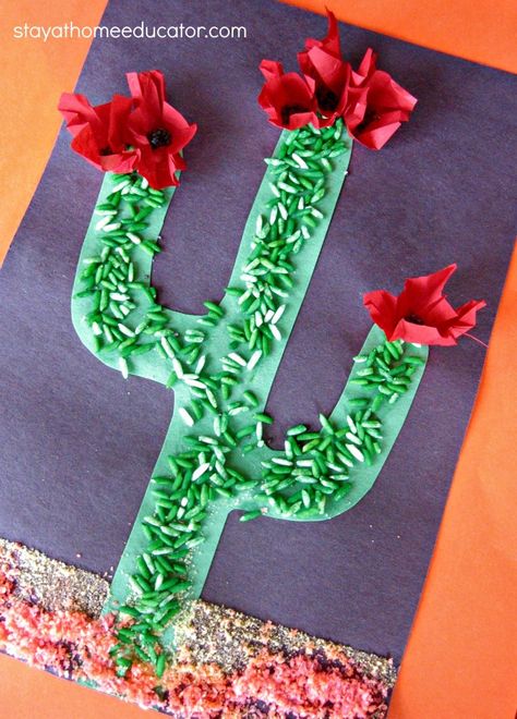 Cactus Craft Students created a sensory cactus craft by adding dyed rice to a cactus made from green construction paper.  At the bottom of the paper, students sprinkled orange “sand” (dyed salt).  They used tissue paper to make fruit for the cactus and black poppy seeds for the seeds of the fruit. Wild West Crafts, Desert Crafts, Monumental Vbs, Cactus Craft, Spring Themes, Wild West Theme, Desert Theme, Preschool Units, Western Crafts