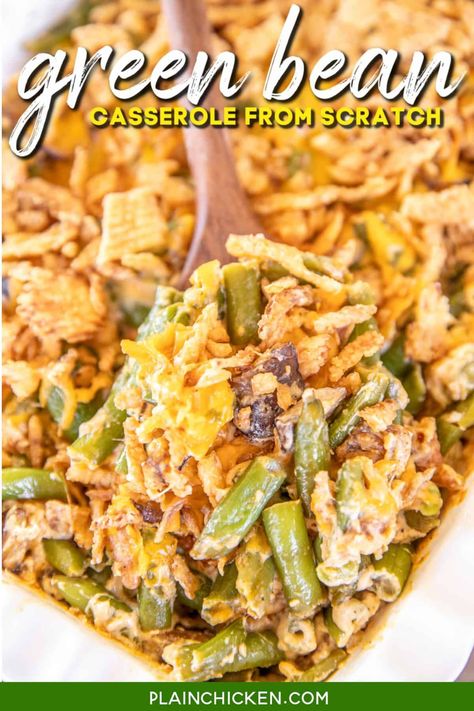 Green Bean Casserole from Scratch - super easy to make with no canned soup and tastes great! This is perfect for your holiday dinner or any night of the year. Green beans, mushrooms, butter, flour, milk, sour cream, onion, garlic, paprika, salt, pepper, cheddar cheese, and french fried onions. Can make in advance and refrigerate or freeze for later. You might want to double the recipe. I never have any leftovers! Green Bean Casserole From Scratch, Best Green Bean Casserole, Green Bean Casserole Recipe, Green Bean Casserole Easy, Chicken Green Beans, Canned Soup, Easter Side Dishes, Main Dish Casseroles, Greenbean Casserole Recipe