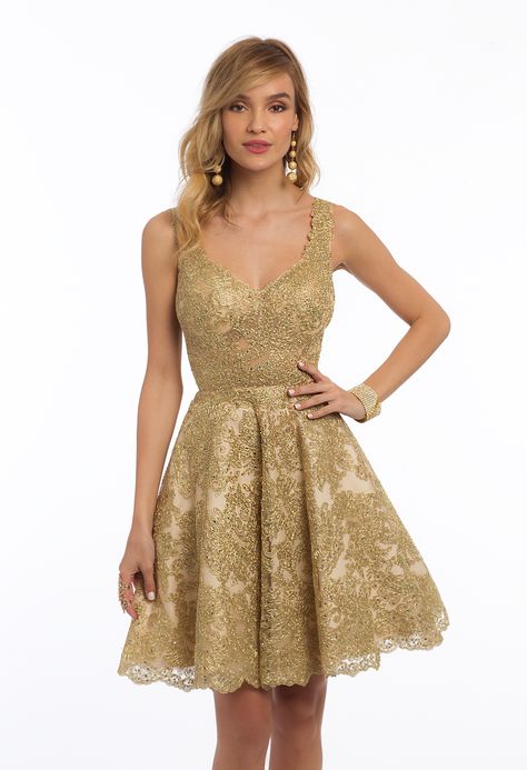 A party dress with a princess twist, this gorgeous gold must have finds the balance between formal and fun. The ornate detail is perfect for an upscale event like weddings or homecoming celebrations, while the fit and flare silhouette, open back, shoulder straps and V-neckline tone it down perfectly for a sweet 16. No matter where you're headed this weekend, a pair of gold heels, a gold clutch and drop earrings should do just the trick. #CamilleLaVie Quinceanera Dama Dresses, Knee Length Prom Dress, Dama Dresses, Sell Dresses, Cheap Homecoming Dresses, Knee Length Shorts, Gold Lace, Plus Size Wedding, Dress Zipper