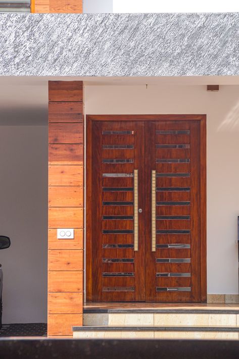 #Entrance  #double door #wooden #kerala #kerala style #Entrance door #contemporary #architectural #glass panelling #beatifulhome my work Front Double Door Design, Entrance Double Door, Front Double Door, Wooden Window Design, Queenslander House, Wooden Double Doors, Double Door Entrance, House Main Door, House Main Door Design