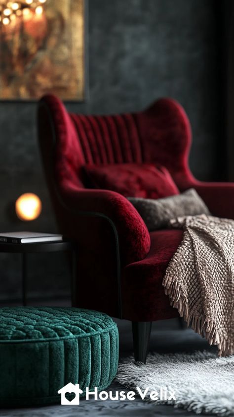 Velvet Upholstered Furniture Updated Red Velvet Bedroom, Moody Romantic Bedroom, Red Velvet Chair, Jewel Tones Palette, Romantic Bedroom Ideas, Velvet Bedroom, Romantic Interior, Velvet Chairs, Dark Wood Furniture