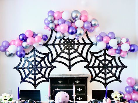 Spider Gwen Balloon Garland, Spider Gwen Birthday Party Decor, Ghost Spider 3rd Birthday, Ghost Spider Gwen Birthday Party, Ghost Spider Decorations, Ghost Spider Invitation, Gwen Ghost Spider Birthday Party, Pink Spiderman Birthday Party, Spider Gwen Birthday Party Ideas