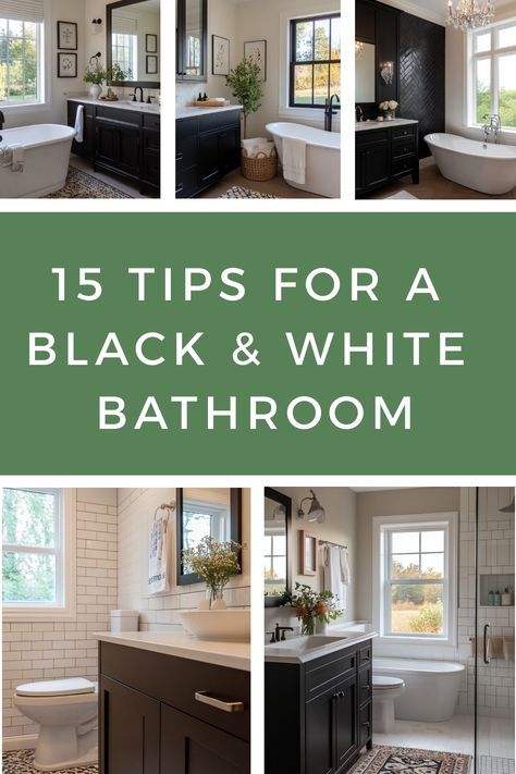 Get a stunning black and white bathroom with these decor tips and design ideas. Decor For White And Black Bathroom, Black White Gray Wood Bathroom, Black And White Ensuite Ideas, Black And White Painted Bathroom, Black Trim In Bathroom, Black White Bathroom Ideas Master Bath, Black And White Bathroom Paint Colors, Black And White Bathroom With Plants, Paint For Black And White Bathroom