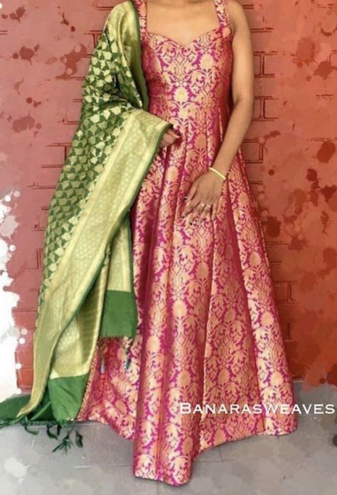 Banaras Long Frock Designs, Banarasi Anarkali Dress, Banarasi Frocks For Women, Banarsi Anarkali Suits, Banaras Dress Designs, Banarasi Silk Anarkali Suits, Banarasi Gown, Saree Dress Design Ideas, Banarasi Anarkali