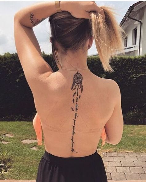 Dream Catcher Tattoos For Women, Tattoos For Women 2023, Dreamcatcher Tattoo Back, Tattoo Down Spine, Dream Catcher Tattoos, Atrapasueños Tattoo, Tiny Bird Tattoos, Dream Catcher Tattoo Design, Back Of Neck Tattoo