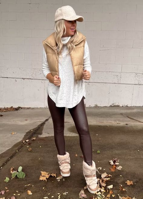 Cream Leather Leggings, Brown Metallic Leggings Outfit, Faux Brown Leather Leggings Outfit, Brown Leather Leggings Outfit Winter, Light Brown Leggings Outfit, Faux Leather Vest Outfit, Brown Leggings Outfit Fall, Brown Faux Leather Leggings Outfit, Faux Leggings Outfit