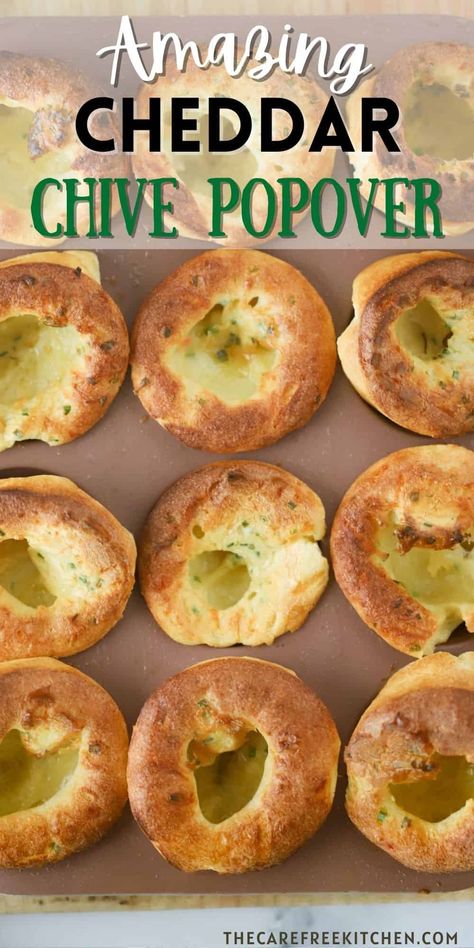 These savory Cheese Popovers are crispy on the outside, light and airy in the center and full of savory goodness.  This recipe for popovers takes no time to make and is perfect for serving at breakfast, brunch or dinner.  #thecarefreekitchen #popovers #british #bread #rolls #breakfast #side #batter #chives #cheddar British Bread, Cheese Popovers, Beach Thanksgiving, Mom Meal Prep, Popover Recipe, Soup Bread, Yorkshire Pudding Recipes, Rolls Bread, Savory Cheese