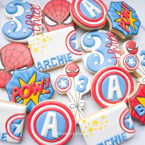 Another superhero set for the books 😎 Archie loves Iron Man’s shield, so we just had to incorporate that with the letter of his name! Shield designs inspired by @joyofbakingsugarartist Flash Cookies Decorated, Captain America Cookies Decorated, America Cookies, Biscuit Design, Comic Cake, Shield Designs, Superhero Cookies, Royal Icing Sugar Cookies, Butterfly Garden Party