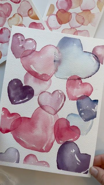 Watercolor Painting On Canvas Board, Valentines Day Cards Handmade Watercolor, Paint Valentines Cards, Watercolor Paintings Valentines Day, Valentine Watercolor Cards Diy, Hearts Watercolor Art, Valentine's Watercolor Cards, Watercolour Valentines Day Card, Watercolor Art For Valentines Day