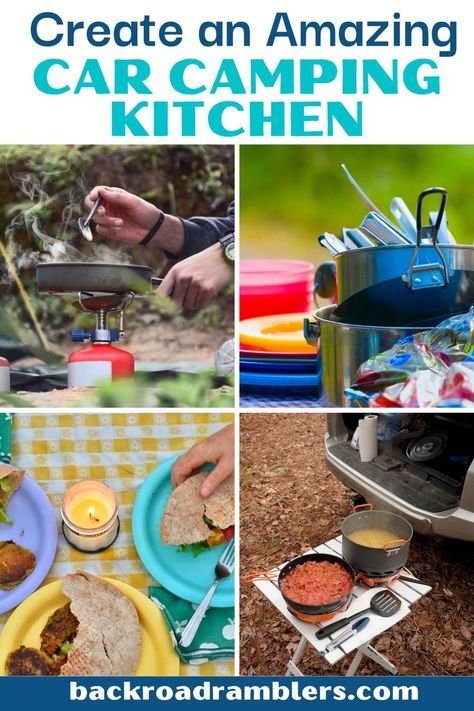 Car Camping Kitchen Organization, Travel Kitchen Kit, Car Camping Kitchen, Camping Kitchen Set Up, Camp Kitchen Organization, Family Camping Meals, Campfire Cooking Recipes, Camping Cooking Gear, Camping Cooking Set