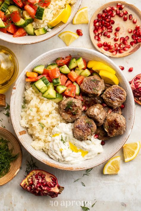 Gyro Meatballs, Greek Meatballs Recipe, Cauliflower Tabbouleh, Whole30 Lunch, 40 Aprons, Whole 30 Lunch, 30 Diet, Healthy Bowls Recipes, Steamed Cauliflower