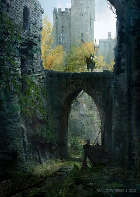 Medieval Woods Aesthetic, Abandoned Fortress Fantasy Art, Medieval Kingdom Aesthetic, Abandoned Kingdom, Medieval Watchtower, Ruin Castle, Medieval Forest, City Structure, Castle Bridge