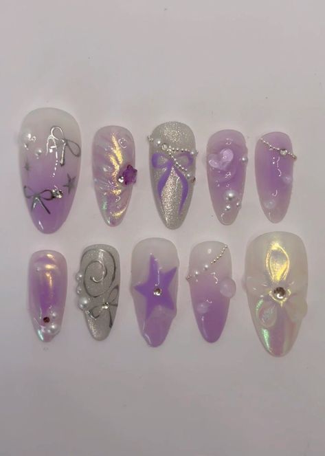 ✴ Hand painted ✴ Reusable ✴ High Quality ✴ Available in different colors, sizes and shapes (on request) IMPORTANT - PLEASE READ BEFORE PURCHASING All sets are made with GEL nail polish. These nails are reusable, if you take it off right. For instruction, please message me Each set comes with 10 handmade press on nails, a mini file, a mini buffer, a cuticle stick, a nail glue, Double Sided Adhesive Tape Glue, Alcohol Pad 1. Measurements Please measure your own nail and find your size from our pic Purple And White Aura, Light Purple And Blue Nails, Purple 3d Nails, Douyin Nails Purple, Short Almond Nails Purple, Purple Fairy Nails, White Purple Nails, Cute Nails Purple, Aura Almond Nails