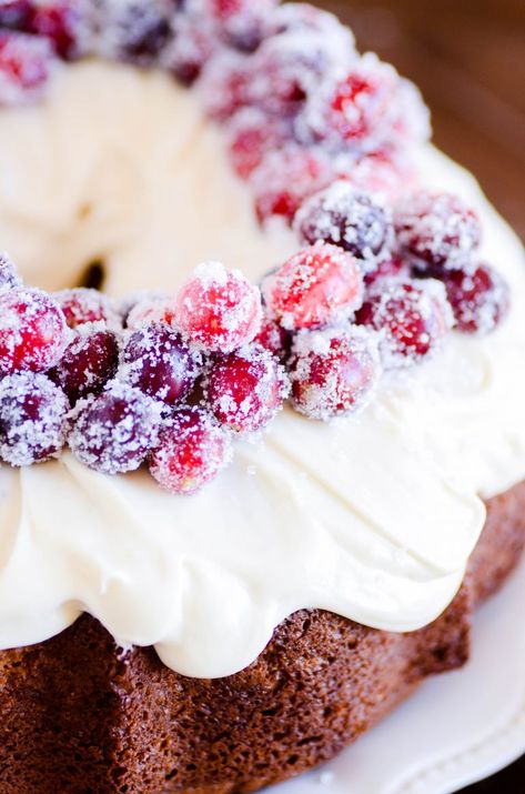 Bundt Cake Cream Cheese Frosting, Christmas Bundt Cake Recipes, Christmas Bundt Cake, Cream Cheese Frosting Cake, Holiday Cake, Sugared Cranberries, Cake With Cream Cheese Frosting, Cream Cheese Frosting Recipe, Winter Desserts