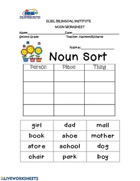 Noun Worksheets 2nd Grade, 2nd Grade English Worksheets, 2nd Grade English, Nouns Activity, Nouns Exercises, Worksheets 2nd Grade, Nouns Activities, Letter Worksheets For Preschool, Kindergarten Phonics Worksheets