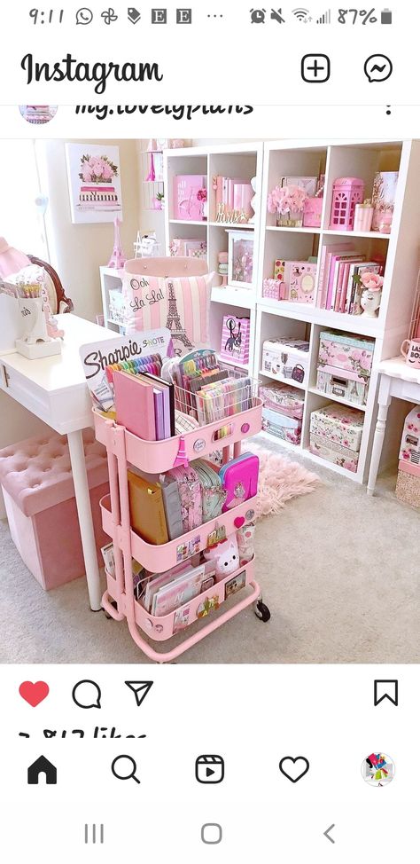 Girly Craft Room, Pink Craft Room Ideas Home Office, Pink Art Studio Aesthetic, Pink Art Studio, She Shed Ideas Interior Craft Rooms, Cheap Trendy Pink Craft Supplies, Fun Pink Craft Supplies For Hobby, Pink Craft Room, Cricut Office Space Shabby Chic